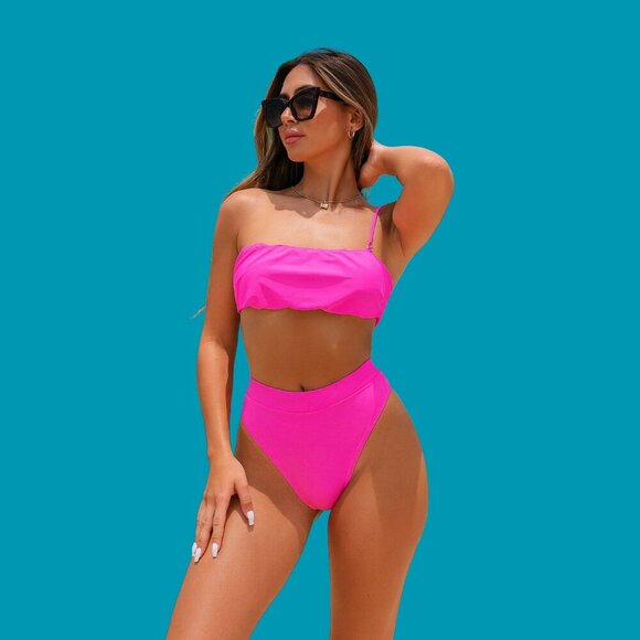 💗 Hot Pink High-Waisted Bandeau Bikini Set (Size L) - Picture 1 of 10